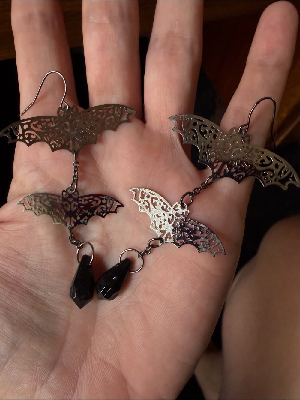 Bat Motif Dangle Earrings in Gunmetal with Black Beads #0124